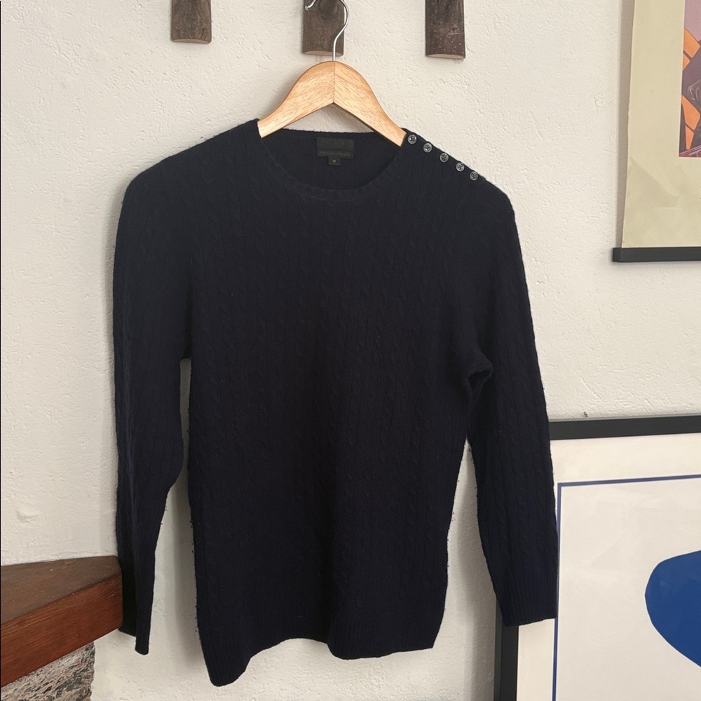 J Crew Italian Cashmere Sweater - Navy Crewneck Cable‎ Knit - Size M